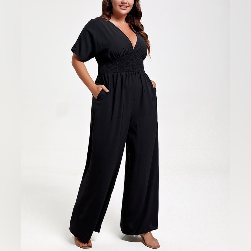 Jumpsuit Wide Leg V Neck Short Sleeve Pockets Black Size 1X